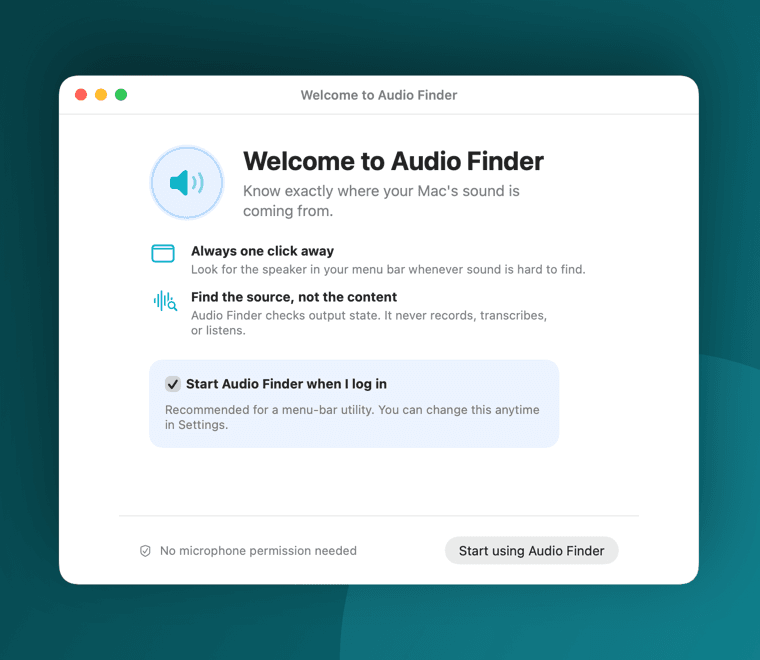 Audio Finder welcome screen showing privacy and launch-at-login controls