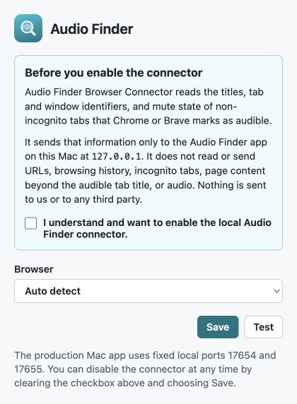 The browser extension’s actual settings page, with its privacy disclosure, sharing checkbox, browser selector, and Save and Test buttons